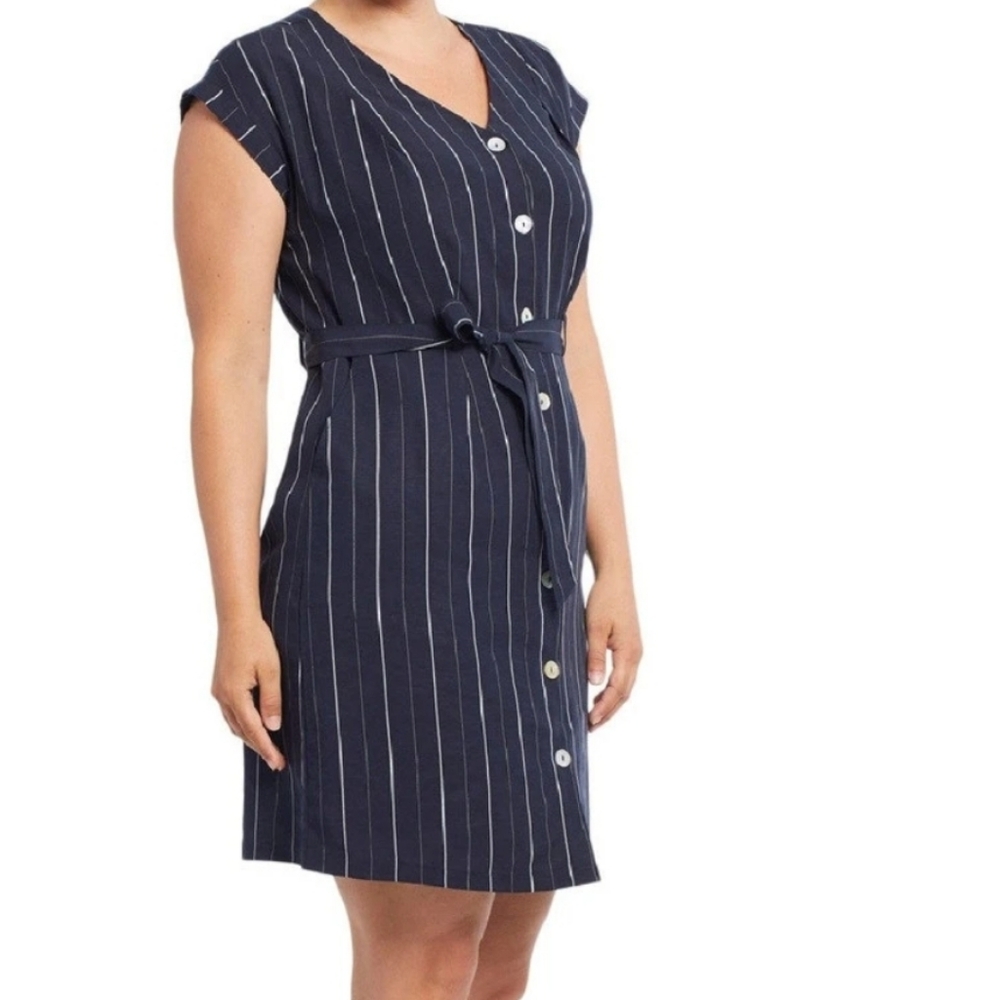 Tribal Femme Chic V-Neck Navy & White Striped Midi Shirt Dress Linen Blend SZ M